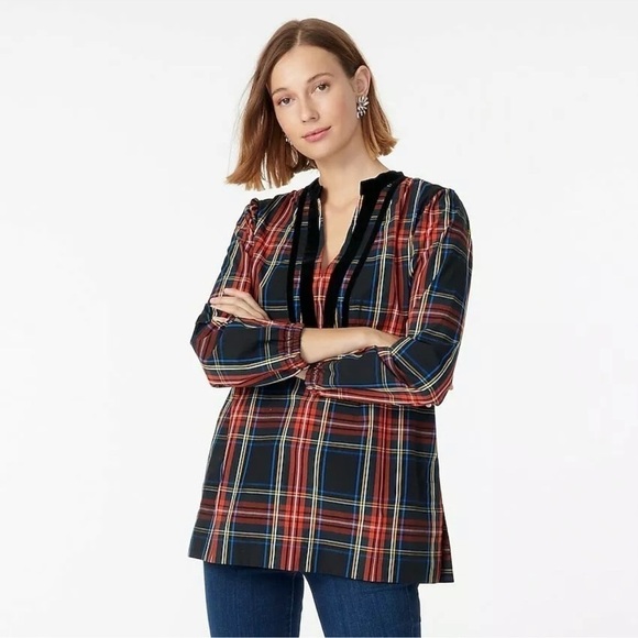 J. Crew Tops - J. Crew Velvet-Trimmed V-Neck Tunic In Black Stewart Tartan Size XS Holiday